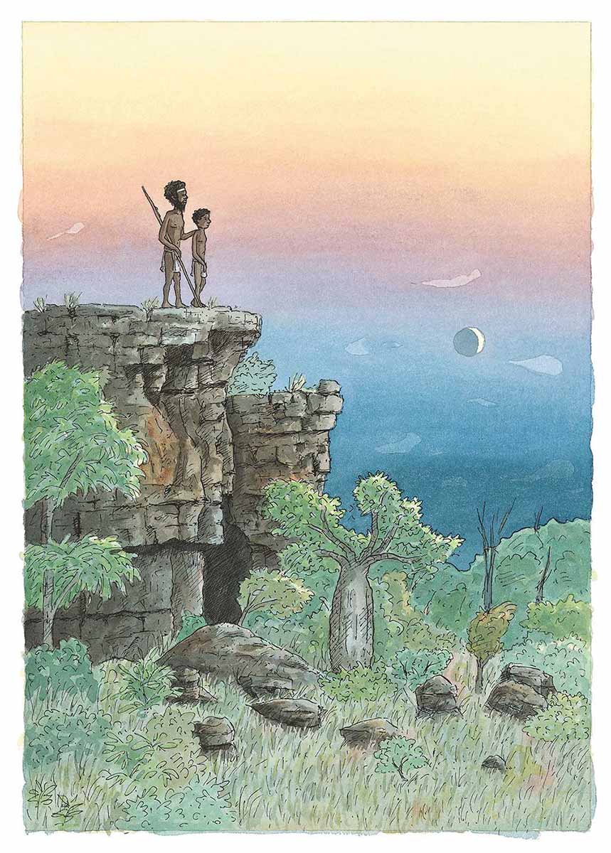 Colour illustration showing a young Aboriginal boy standing on a cliff, with an Aboriginal man standing beside him. - click to view larger image