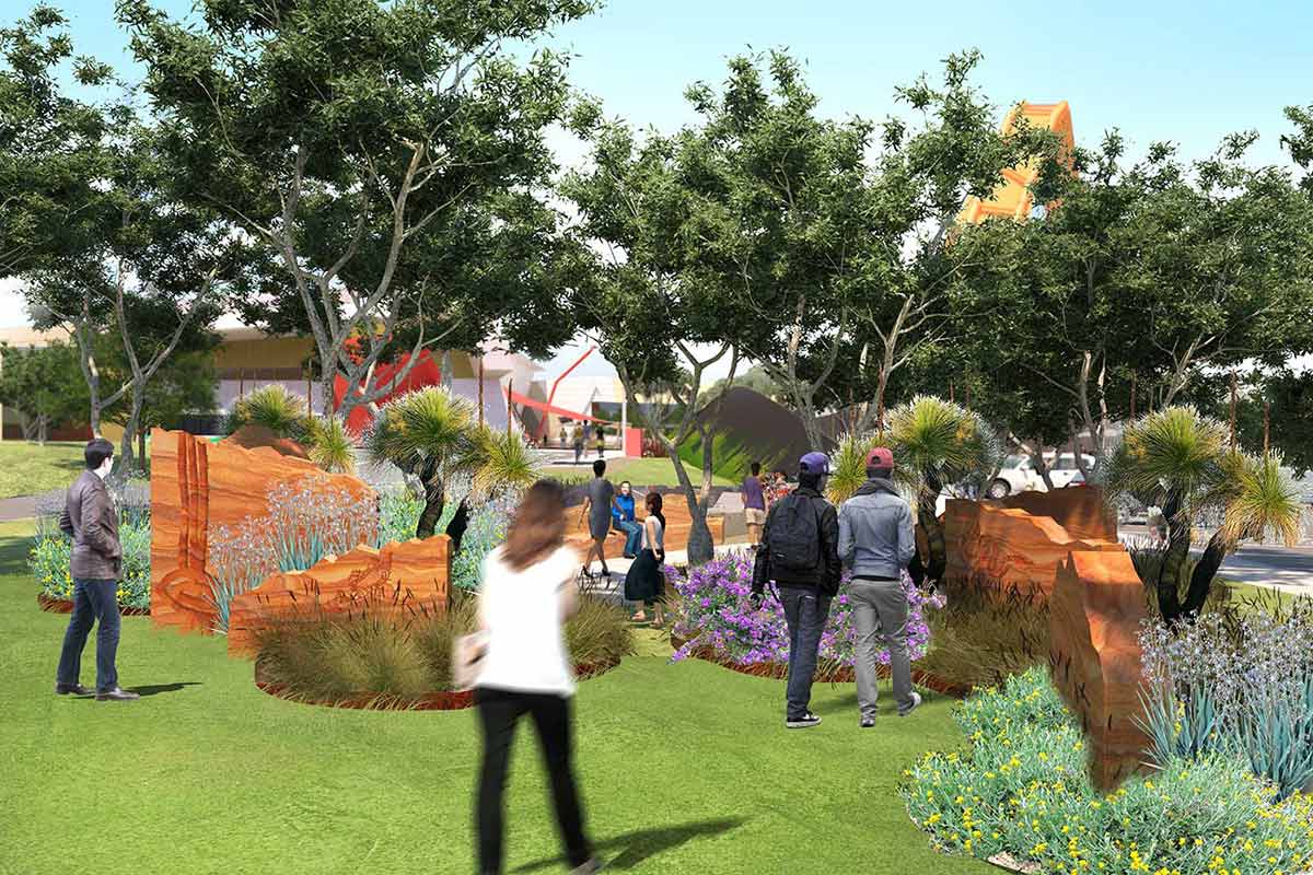 An artist's impression of a landscaped area with buildings.