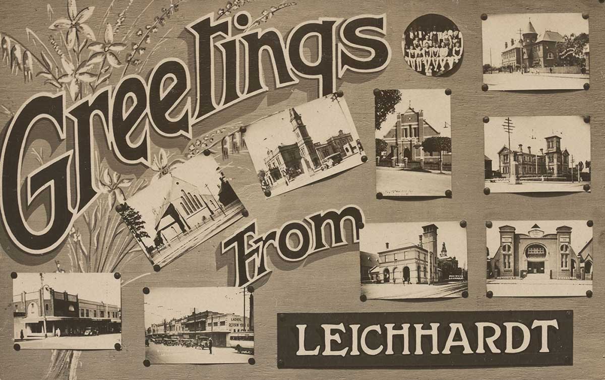 Postcard with images of buildings and the text: 