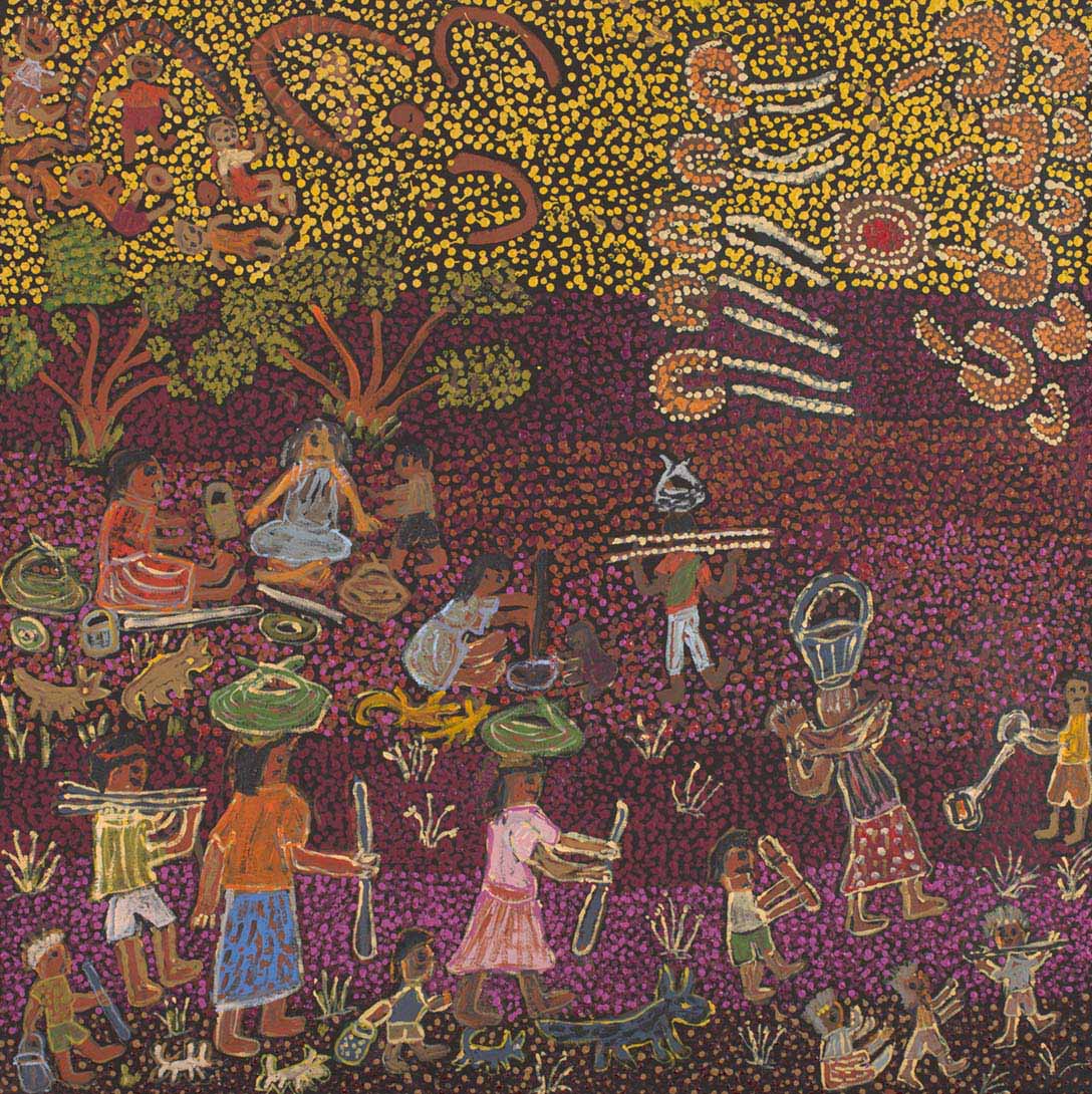 An acrylic painting on canvas showing people and animals, against a predominantly purple dot infill background. Some of the people carry baskets on their heads - click to view larger image