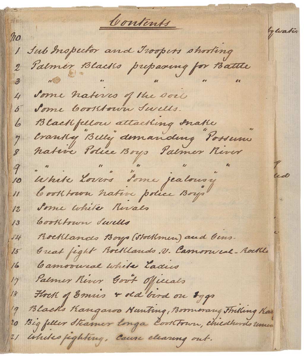 Handwritten contents page of a sketchbook. - click to view larger image