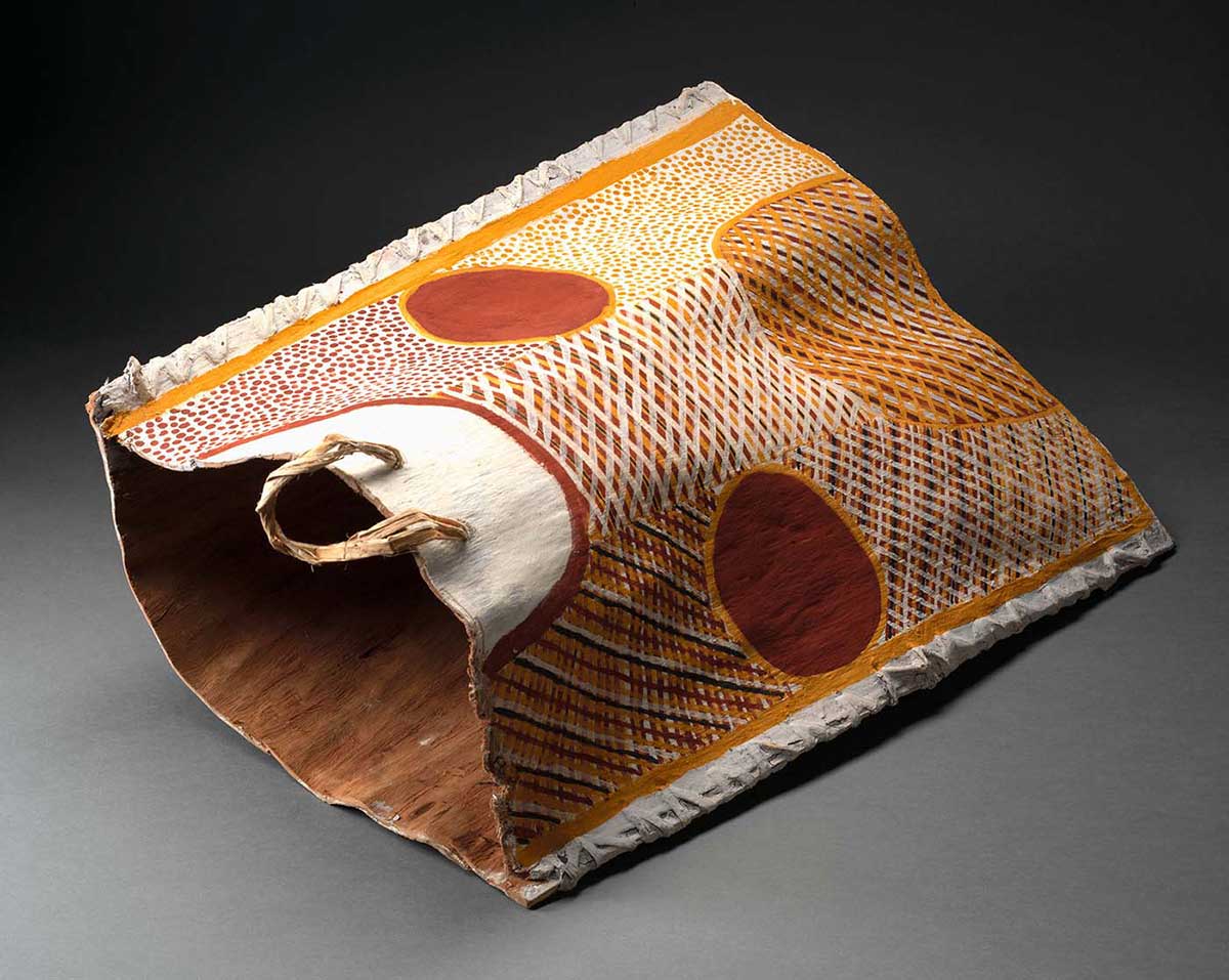 A bark container, made of eucalyptus bark and natural fibre painted with natural ochres. - click to view larger image