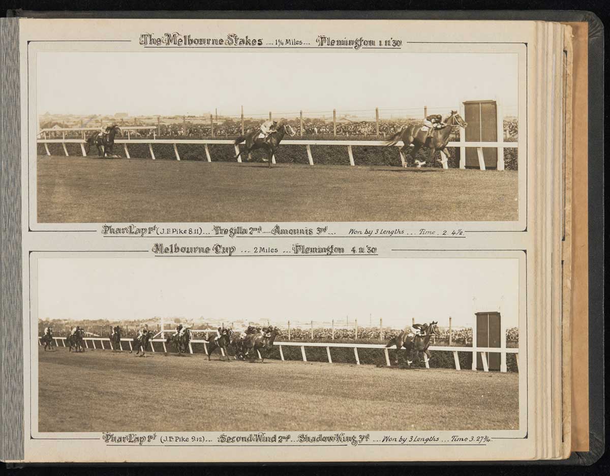 Page from a book featuring photos of a horse race. - click to view larger image