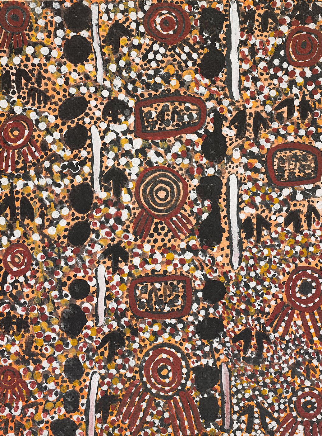 Mala and the Bad Uncles at Tjikarri (I) 1974 by Johnny Warangkula Tjupurrula. - click to view larger image