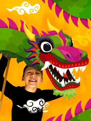 A colourful graphic features a child who appears to be holding the top part of a dragon's body upright.
