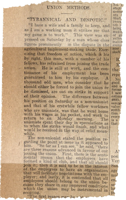 Newspaper titled 'Union Methods Tyrannical and Despotic'.