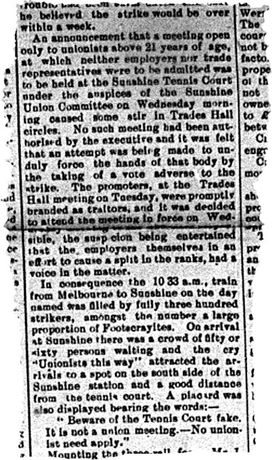 Newspaper clipping reporting on the announcement that a meeting of union members would be held at the Sunshine tennis courts.