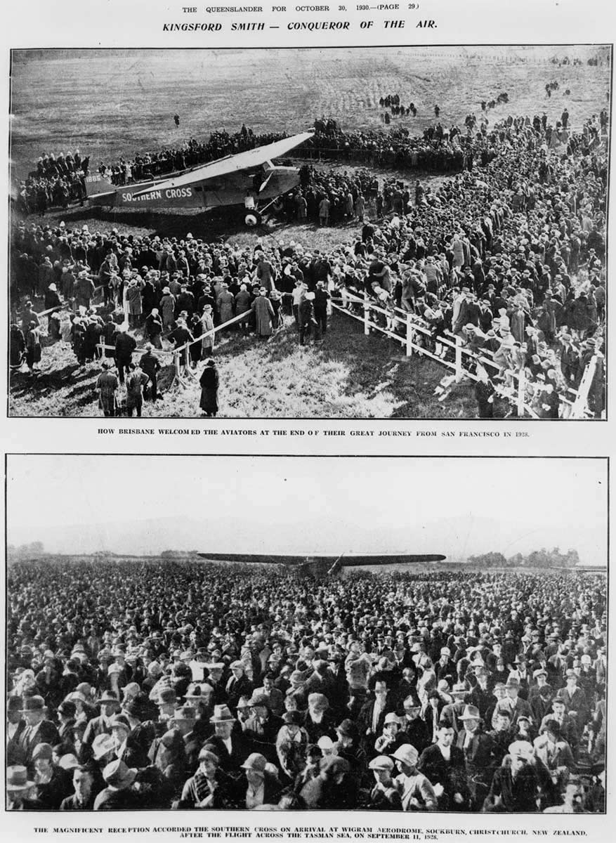 Two newspaper photos of crowds of people greeting a landing plane. - click to view larger image