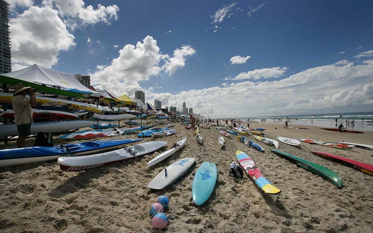 A variety of surf boards and surf skis on the beach at Kurrawa, Queensland, 2006.