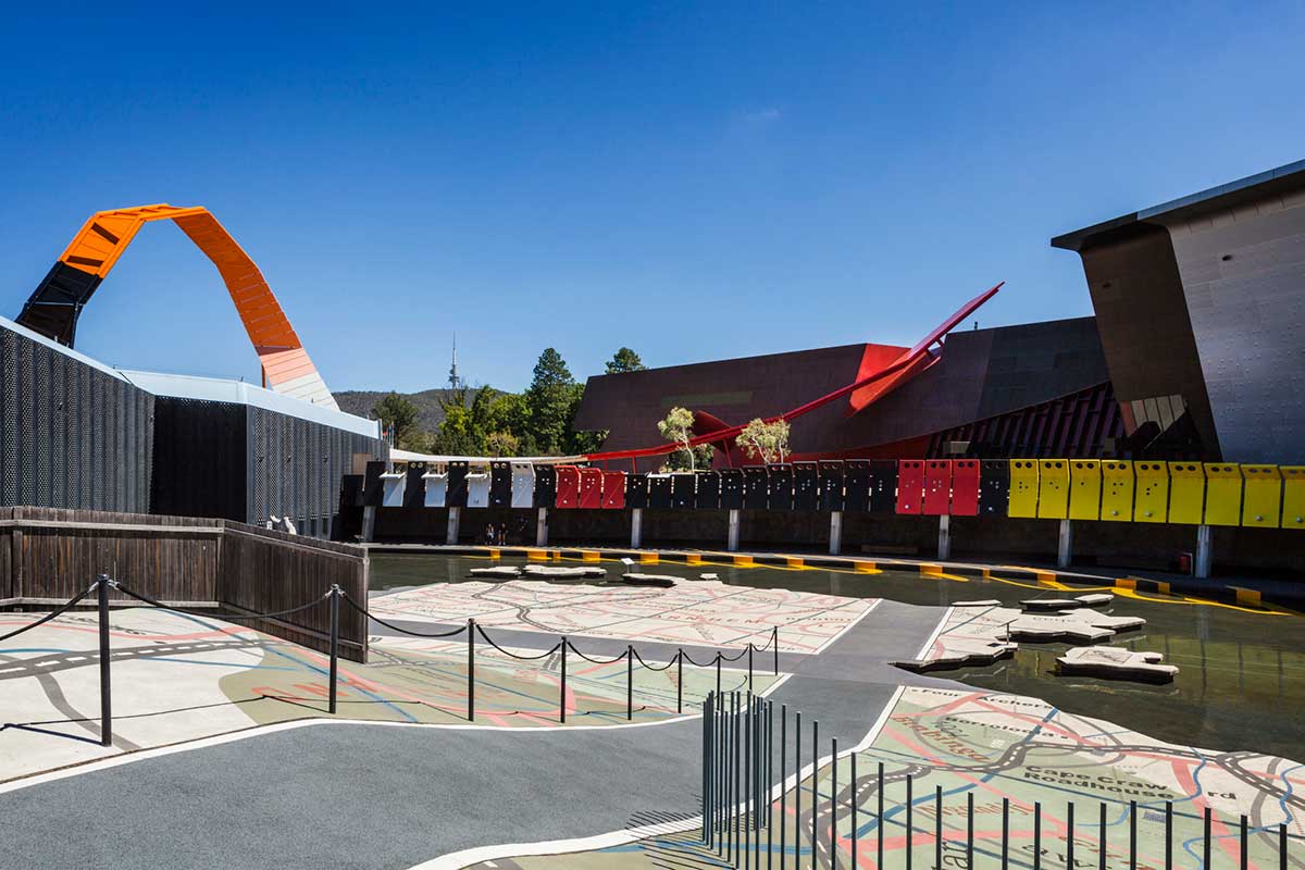 A view of an outdoor space in a museum with a colourful and playful design.