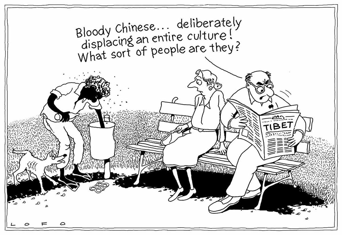 A black and white cartoon depicting an Indigenous man reaching into a rubbish bin and a non-Indigenous woman and man sitting on a park bench. The man sitting on the bench is reading a newspaper which has the word 'Tibet' on the front page and saying 'Bloody Chinese ... deliberately displacing an entire culture! What sort of people are they?' The woman is looking with concern at the Indigenous man who holds a bottle in his right hand, is surrounded by a cloud of flies and has a skinny dog near his right foot. - click to view larger image