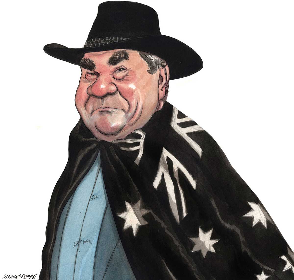 A colour cartoon depicting Mick Dodson wearing an Australian flag as a cape. He faces to the left of the image and wears a black hat. His face is turned toward the viewer. His expression is one of tenacity, determination and good humour. He wears a grey jacket and blue shirt under the flag cape. He has large bushy eyebrows and his face is heavy-set and fleshy. - click to view larger image