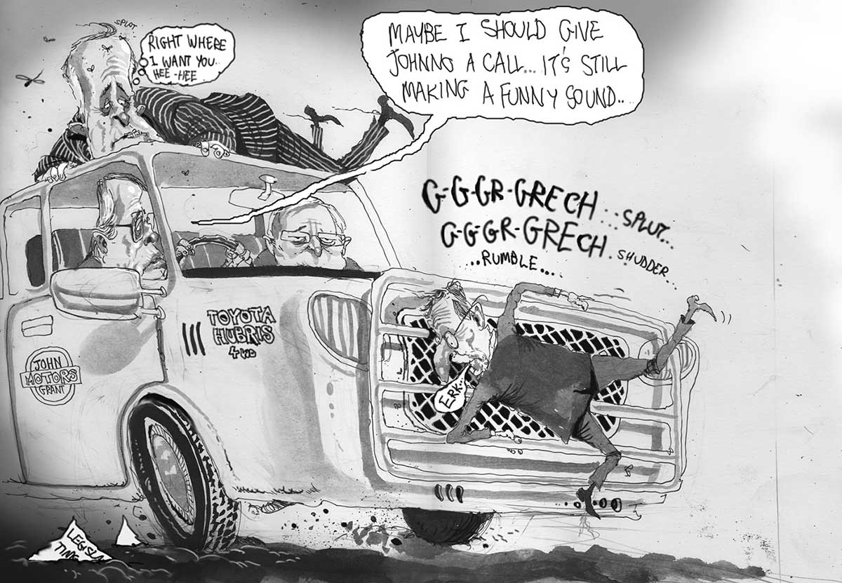 A black and white cartoon depicting Kevin Rudd and Wayne Swan in a ute land cruiser, with Mr Swan driving. Both look anxious and peer out the windshield. Godwin Grech is plastered flat on the front of the bull bar with a tiny speech bubble saying 'Err' dripping out of his lips. Malcolm Turnbull, in a pin-striped suit, clings to the roof of the ute waving his feet in the air and saying 'Right where I want you hee, hee'. Above the ute engine are the words 'G-G-Gr-Grech ... splut ... G-G-Gr-Grech ... shudder ... rumble'. Mr Swan says to Mr Rudd 'Maybe I should give Johnno a call ... it's still making a funny sound'. - click to view larger image