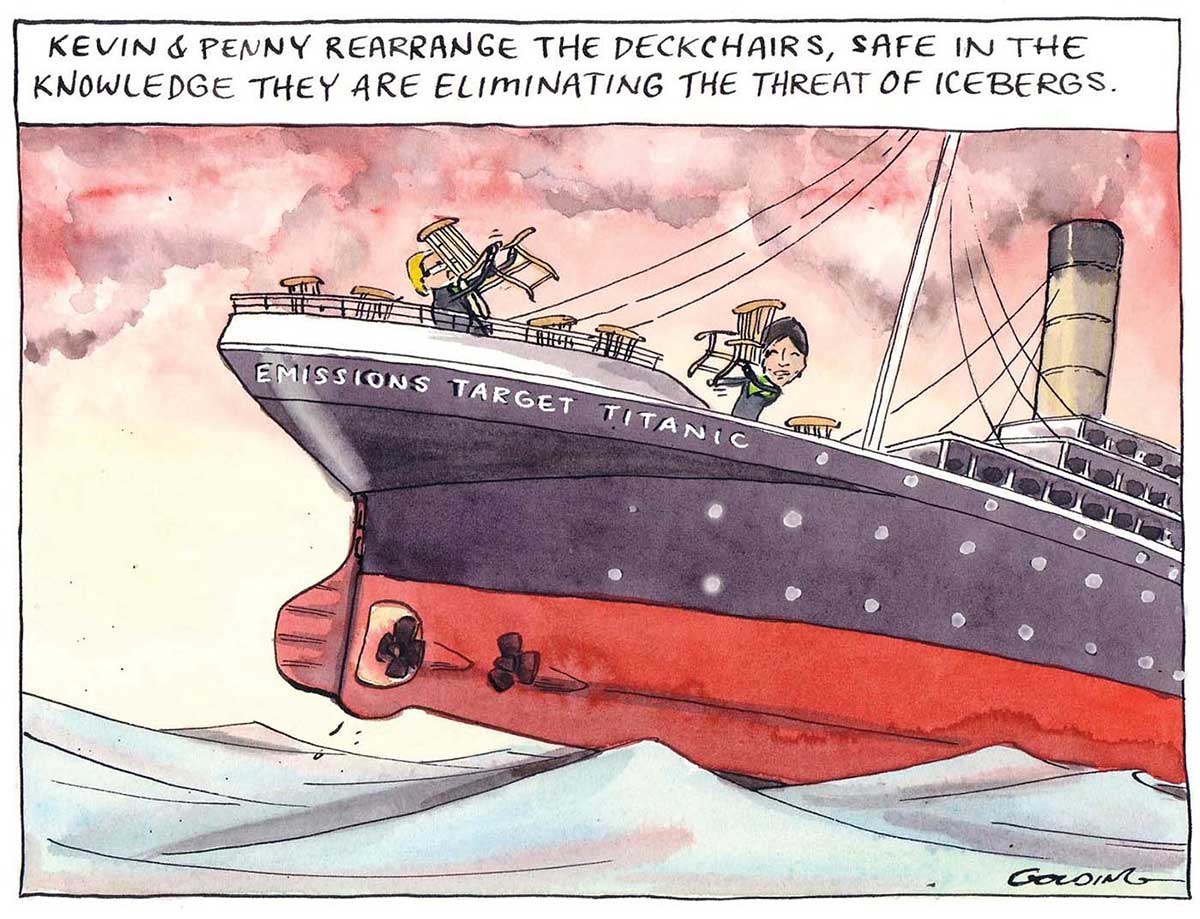 A colour cartoon depicting the stern of a large ocean liner, named the 'Emissions Target Titanic' riding high in the sea, with the propellers above the water line. Above on deck, two people carrying chairs appear under the text: 'Kevin and Penny rearrange the deckchairs, safe in the knowledge they are eliminating the threat of icebergs'. Black smoke from the ship merges with red clouds in the background. - click to view larger image