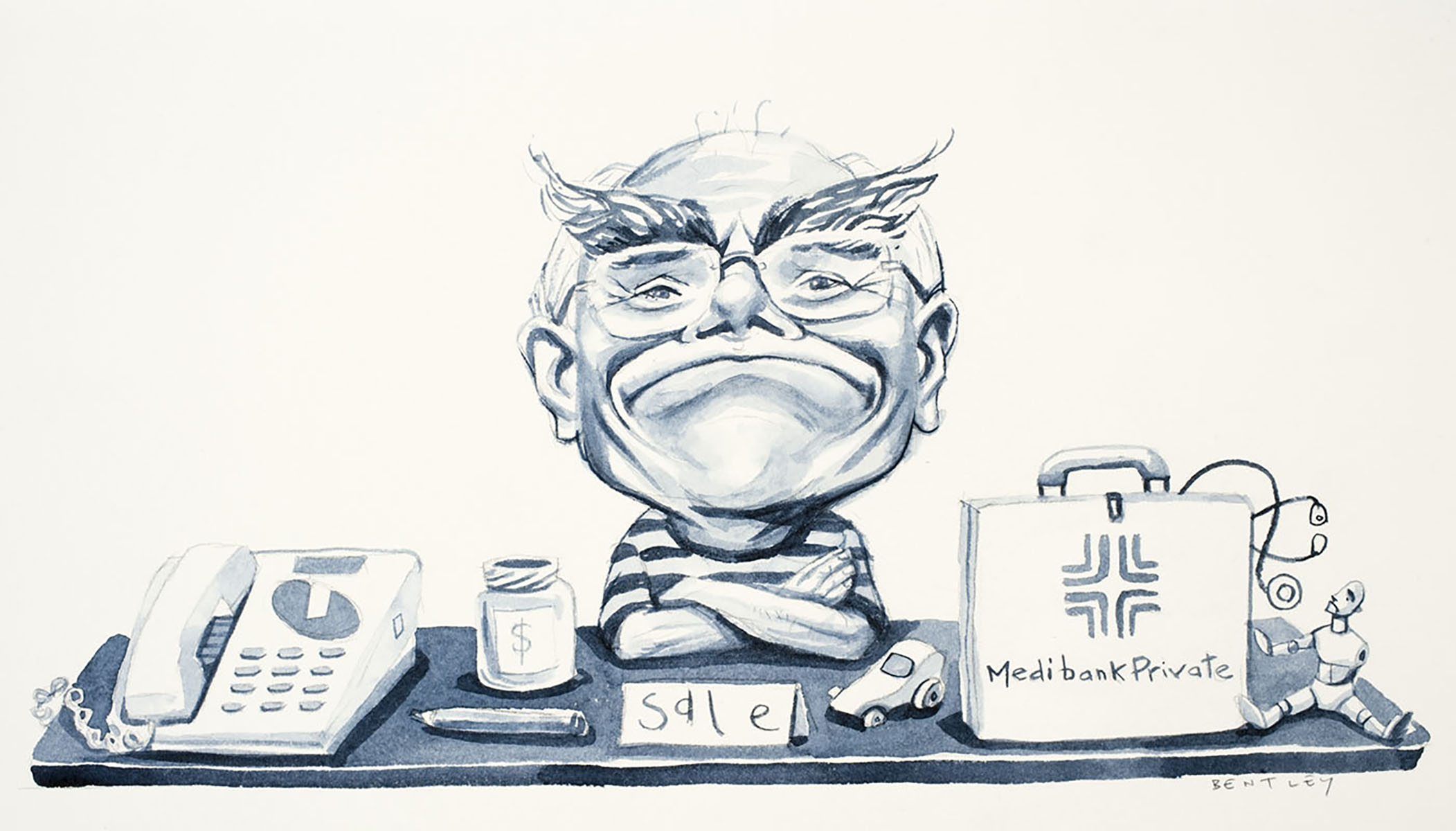 Political cartoon of John Howard as a young boy, holding a garage sale with items including a Telstra telephone and a Medibank Private suitcase. - click to view larger image