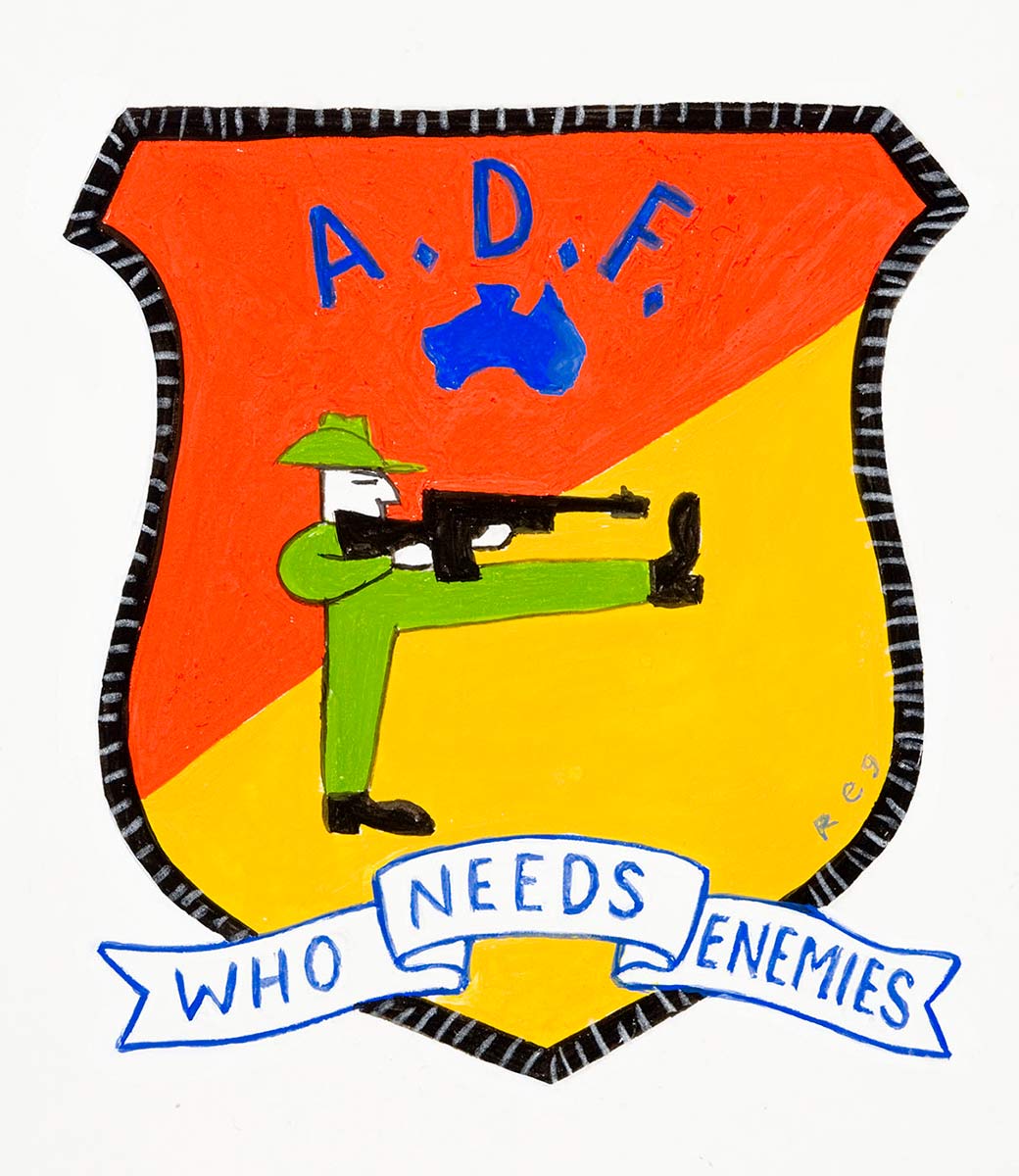 Political cartoon of a badge displaying the words A.D.F wth a figure of an army officer with one leg up aiming a gun at his foot with the tag, 'Who needs enemies'. - click to view larger image