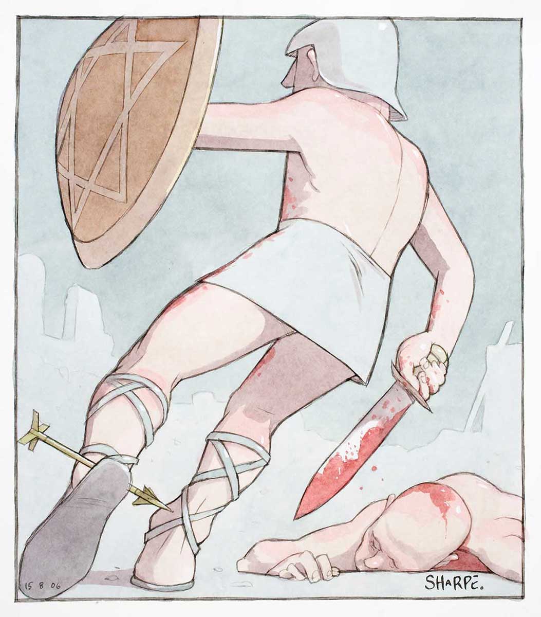 Political cartoon of two gladiators, one fallen, the victor (a star of David on his shield) with an arrow through his achilles heel. - click to view larger image