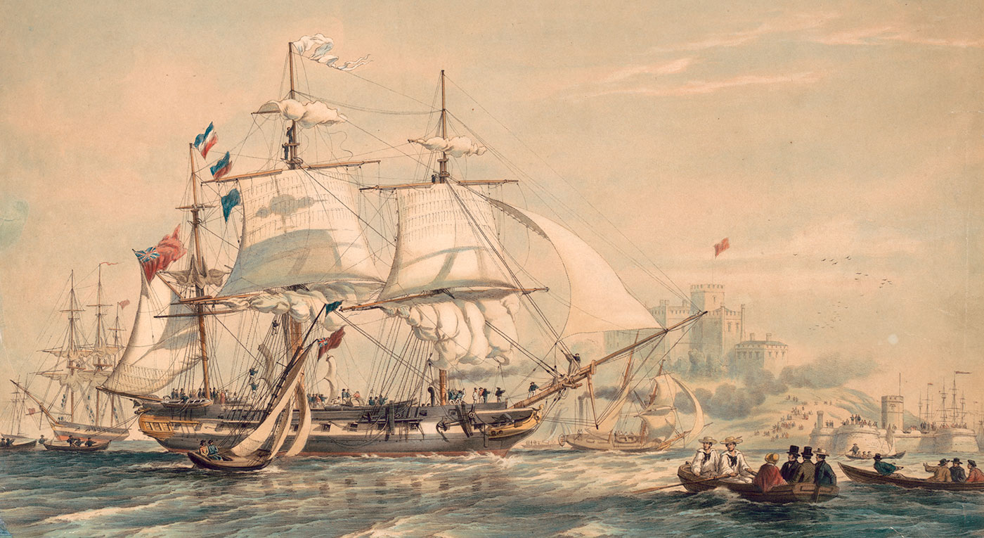 Painting of 18th Century sailing ships in a harbour.