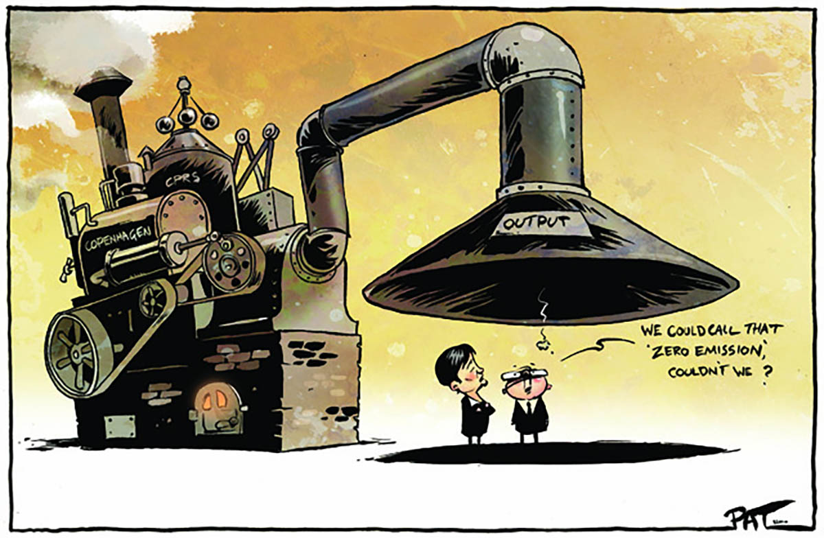 A colour cartoon depicting Kevin Rudd and Penny Wong standing near a large steam engine mounted on a brick plinth. A large upside-down funnel emerges from the engine. Rudd and Wong stand directly underneath it, looking up into it. The funnel is labelled 'Output'. What appears to be a tiny circle of smoke drifts down out of the funnel. Rudd is saying 'We could call that "zero emission", couldn't we?' - click to view larger image