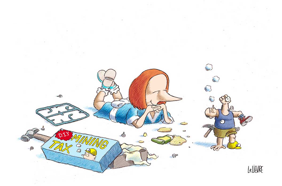 A colour cartoon depicting Julia Gillard as a young girl. She is lying on the ground, on her stomach, in a blue dress. To the left of her is scattered the contents of a model kit. The open box lies nearby; it says 'D.I.Y. Mining Tax' on the lid. A hammer and an open tube of glue lie near. To the right of Gillard is the model, which is supposed to represent a miner, in a blue singlet and khaki shorts. The miner has been assembled in an ad hoc manner. An arm sticks up where the neck should be; the head protrudes from the right arm socket; a leg protrudes from the left arm socket; an arm protrudes from the right leg of the shorts; an eyeball is stuck to the front of the singlet; the arm sticking up where the head should be holds an eyeball in its hand. Gillard looks at her creation with an expression of satisfaction. - click to view larger image