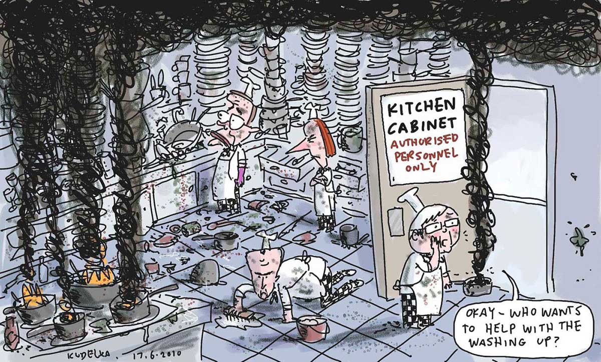 Political cartoon depicting Kevin Rudd, Wayne Swan, Lindsay Tanner and Julia Gillard in a kitchen. On the kitchen benches are enormous piles of dirty dishes. On a stove are several pots, all with their contents burning. Thick black smoke rises up from the pots and hangs in the air. On the door of the kitchen is a sign that says 'Kitchen Cabinet. Authorised Personnel Only'. Kevin Rudd stands at the open door, holding a pot with smoking contents. He calls the following through the door: 'Okay - who wants to help with the washing up?'. - click to view larger image