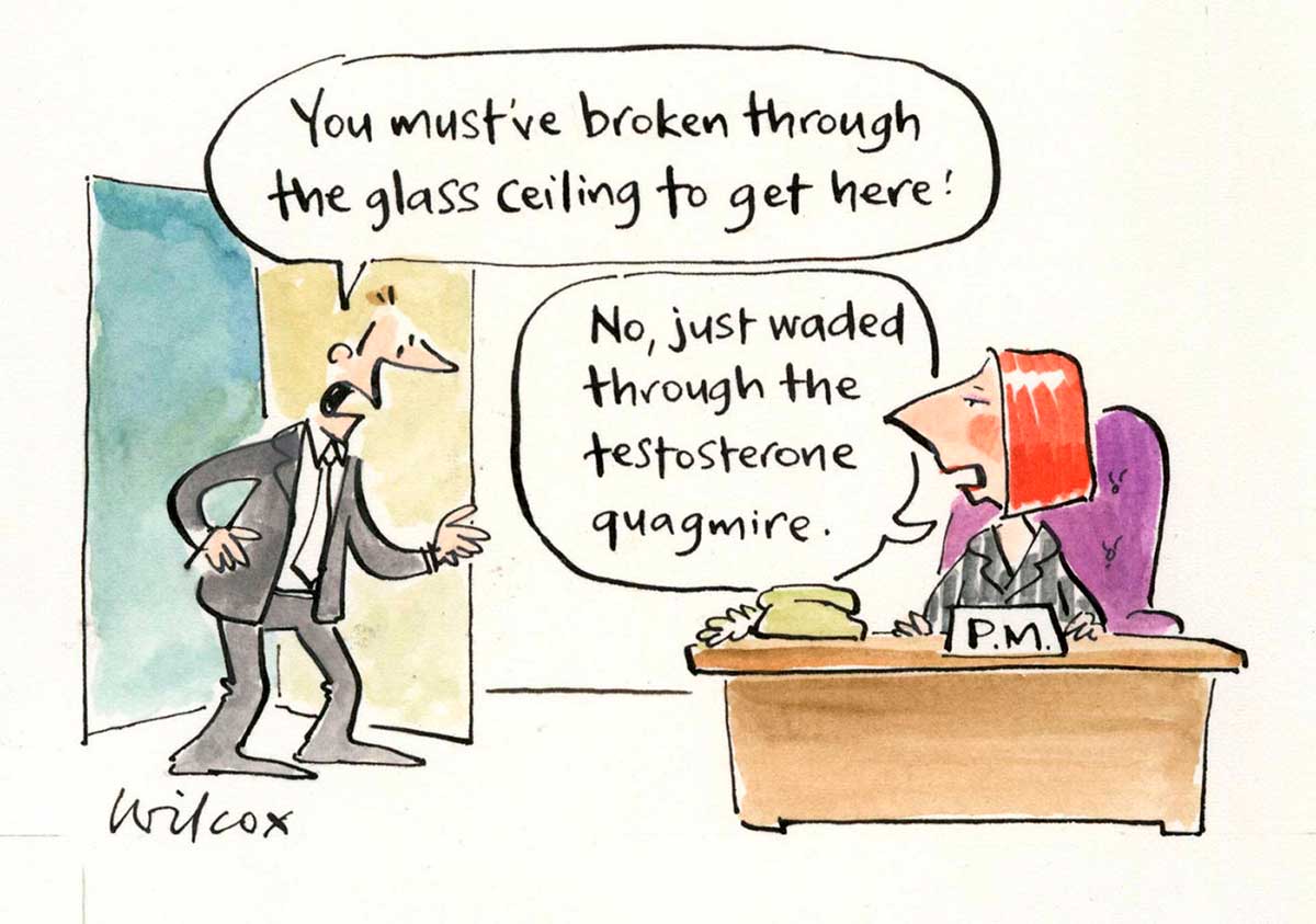 A colour cartoon depicting Julia Gillard sitting at a desk. On the desk is a sign that says 'P.M.' She is sitting in a large purple chair. At the left of the cartoon, a man has walked in through a door. He wears a suit, and is saying to Gillard 'You must've broken through the glass ceiling to get here!' She is responding with 'No, just waded through the testosterone quagmire'. - click to view larger image