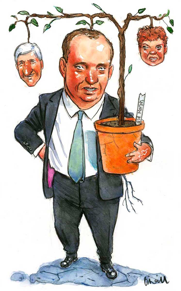 Political cartoon depicting Barnaby Joyce. He wears a dark suit and stands holding a potted plant. The plant has a stalk and two branches. On one branch sprouts the head of Pauline Hanson. On the other branch sprouts the head of Bob Katter. Part of the plant appears attached to Joyce's head, suggesting he sprouted from it also. - click to view larger image