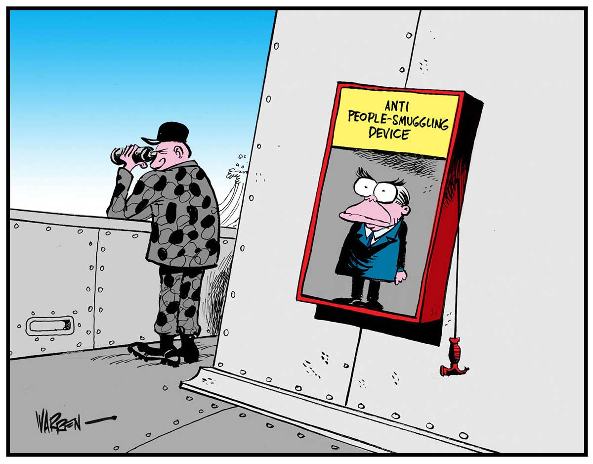 Political cartoon depicting an Australian serviceman on a ship. He wears black and grey camouflage and a black cap. He looks through a pair of binoculars. Behind him is a case attached to a wall of the ship. At the top of the case is written 'Anti people-smuggling device'. In the case is a miniature John Howard, in a blue suit. At the right of the case is a hammer on a string. - click to view larger image