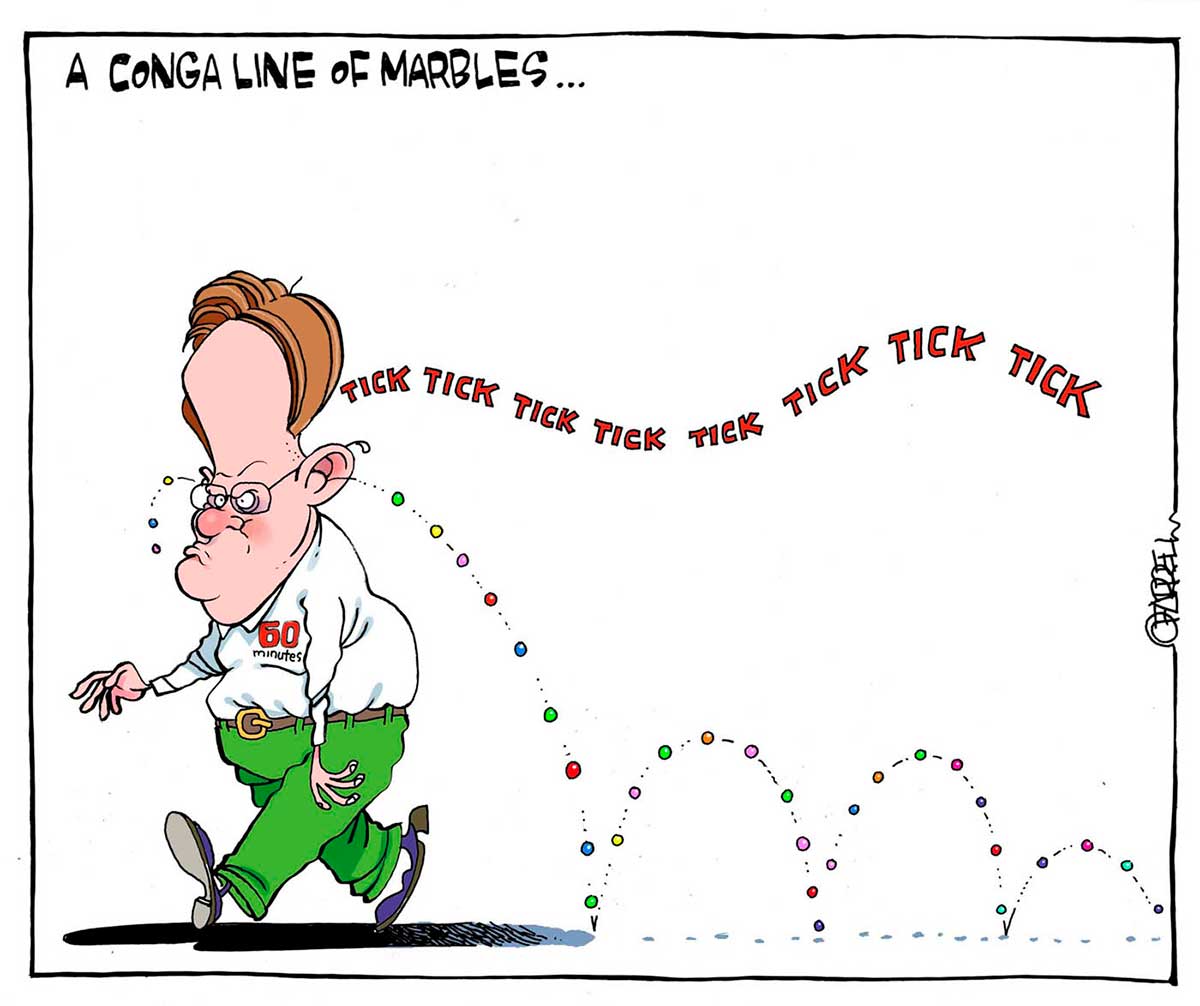 A colour cartoon depicting Mark Latham, in green trousers and a white shitrt with '60 Minutes' on it. He is walking along; as he walks, many marbles fall from his ears and bounce away behind him. Near his head is written 'Tick Tick Tick Tick Tick Tick Tick Tick'. His expression is one of anger and aggression. At the top of the cartoon is written 'A conga line of marbles ...' - click to view larger image