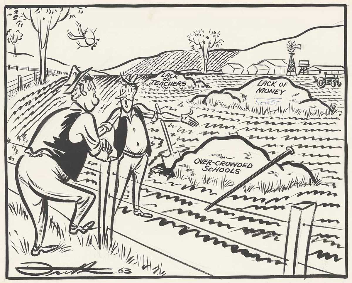 Illustration of two men in a field. One man is pointing towards the field containing three rocks displaying the text: 'LACK OF TEACHERS', 'LACK OF MONEY' and 'OVER-CROWDED SCHOOLS'.