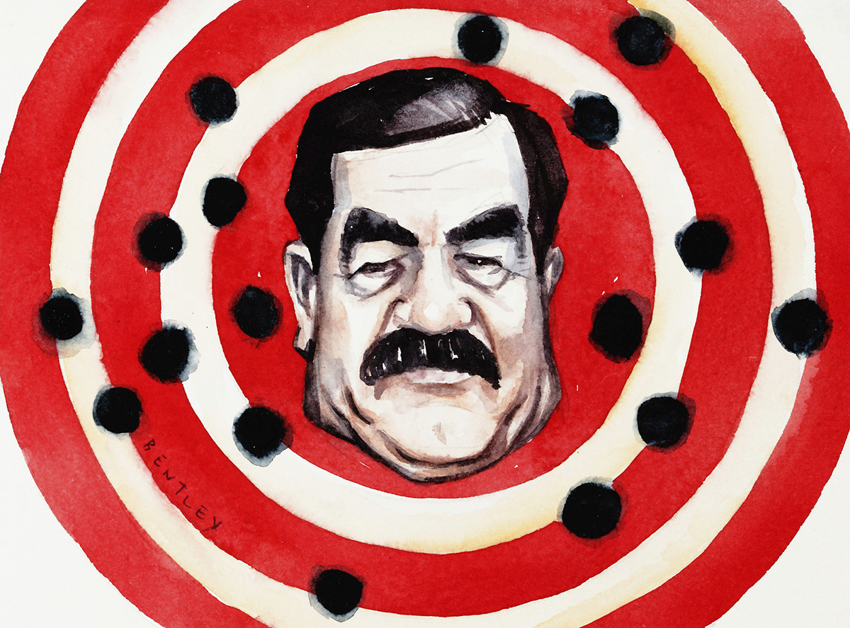 A cartoon depicting Saddam Hussein's face on a bulls-eye, with bullet holes all around. - click to view larger image