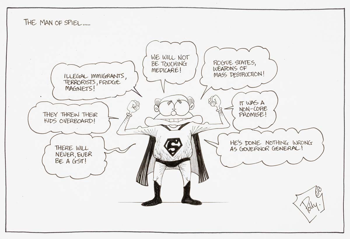 A cartoon titled 'The man of spiel'. It depicts John Howard dress as superman, surrounded by misleading or false statements that he has made. - click to view larger image