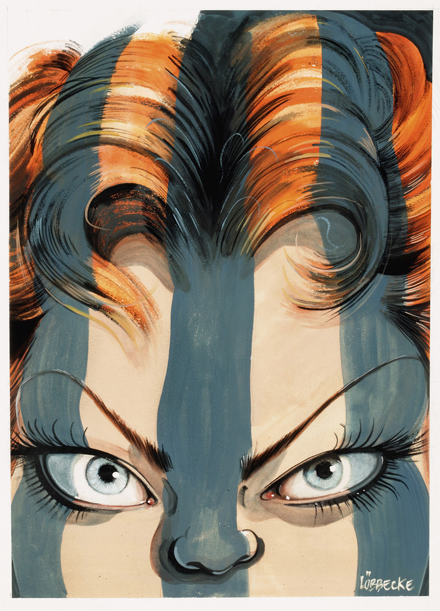 The upper part of Pauline Hanson's face, with shadows of bars falling over it. - click to view larger image