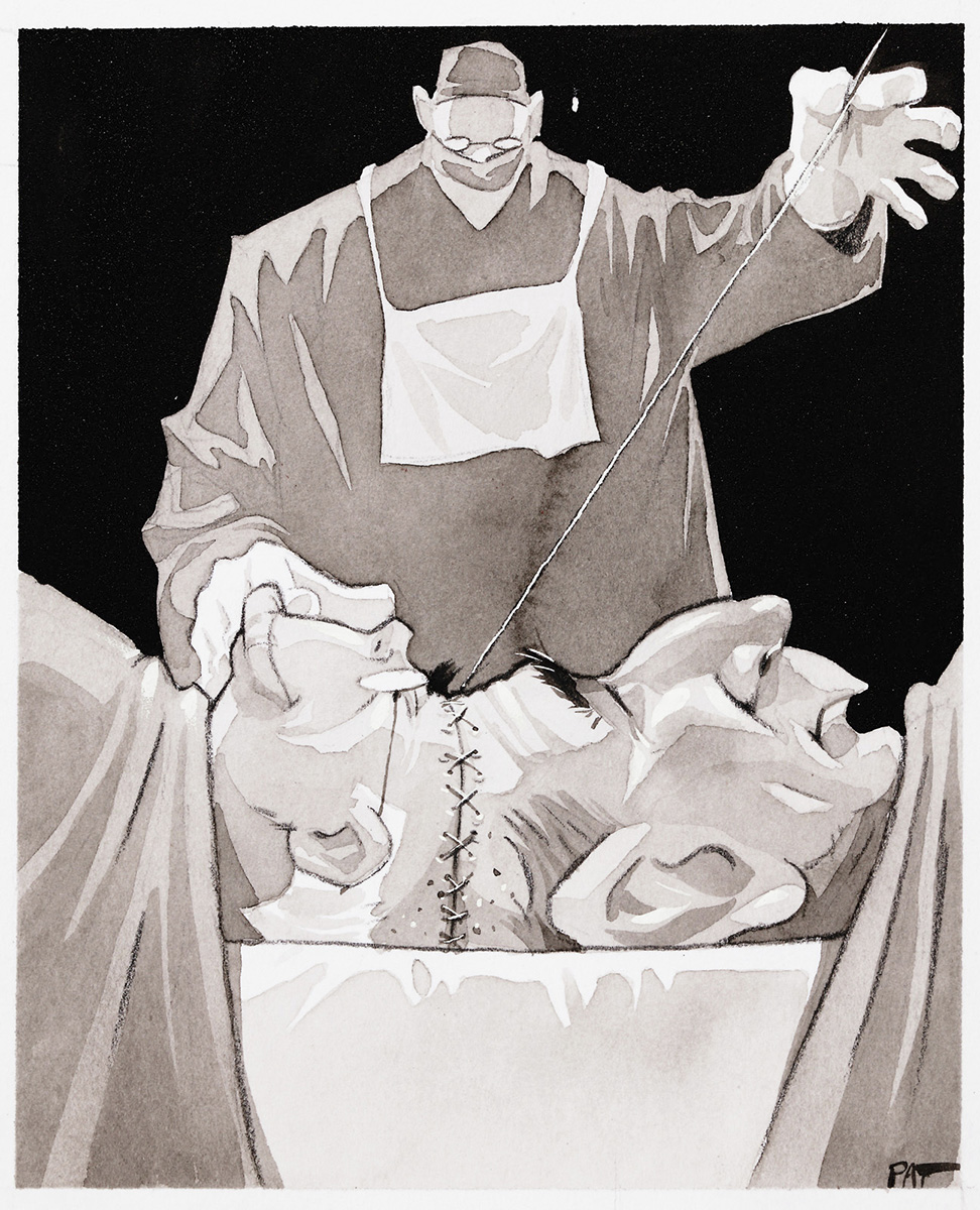 A cartoon featuring a surgeon sewing the heads of John Howard and George together, such that they appear to share a brain. - click to view larger image