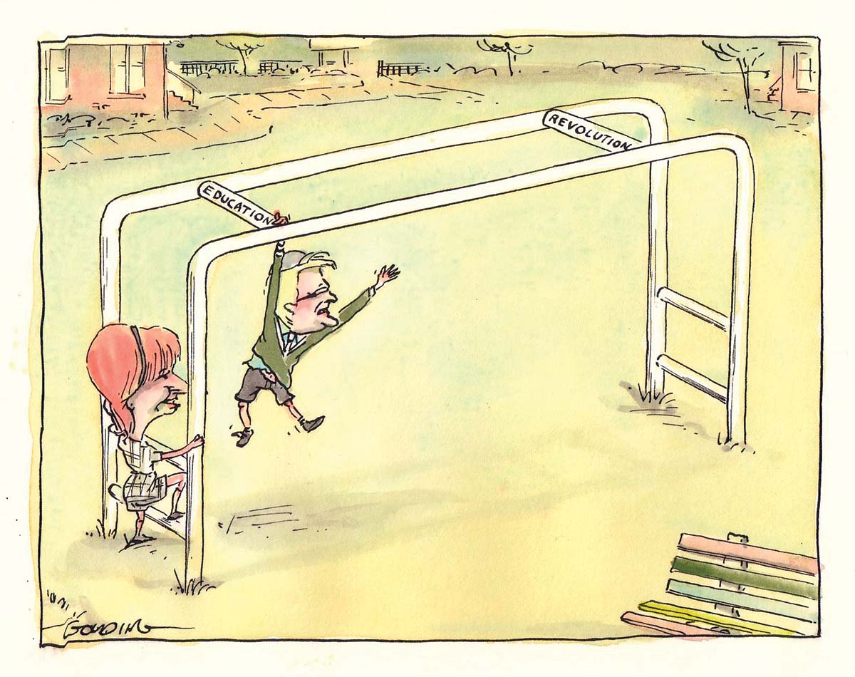 A school yard scene with Kevin Rudd in short pants dangling between the rungs of the jungle gym. The rung he's hanging onto is labelled 'Education'. He reaches for but his arm is too short to reach the rung labelled 'Revolution'. Julia Gillard stands with one leg up, starting to climb up after him. - click to view larger image