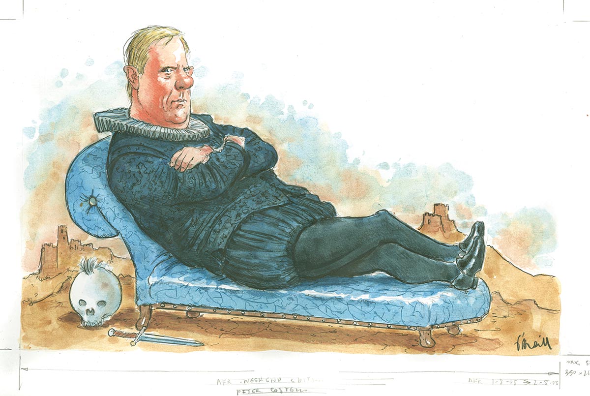 Colour illustration showing Peter Costello reclining on a light blue chaise lounge with his legs and arms crossed. He wears a black Shakespearean costume with tights and a white frilled collar. A skull with a tuft of hair on top, and a dagger, are on the ground near the lounge. Battlements are visible in the background. - click to view larger image