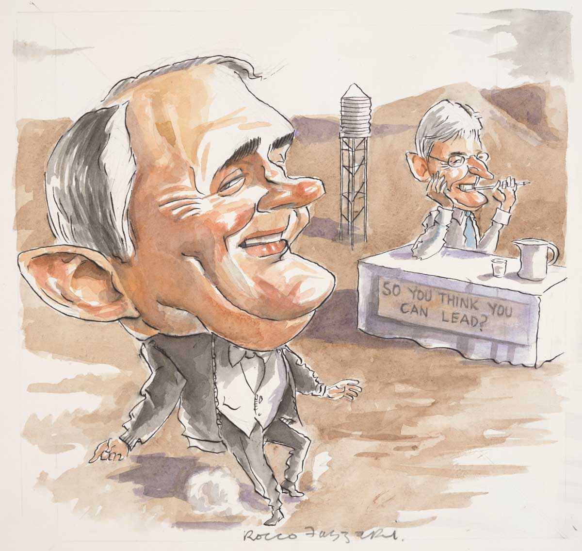 Malcolm Turnbull with an oversized head and formal attire. He is dancing in front of a smiling Nick Minchin, who is seated behind a table which is in the centre of the frame and bears the sign 'So you think you can lead?' Minchin is smoking a cigarette in a long, slim holder and rests his elbow on the table. A jug and glass are on top of the table. In the background there is a corrugated water tank and stand. The landscape is brown and barren. - click to view larger image