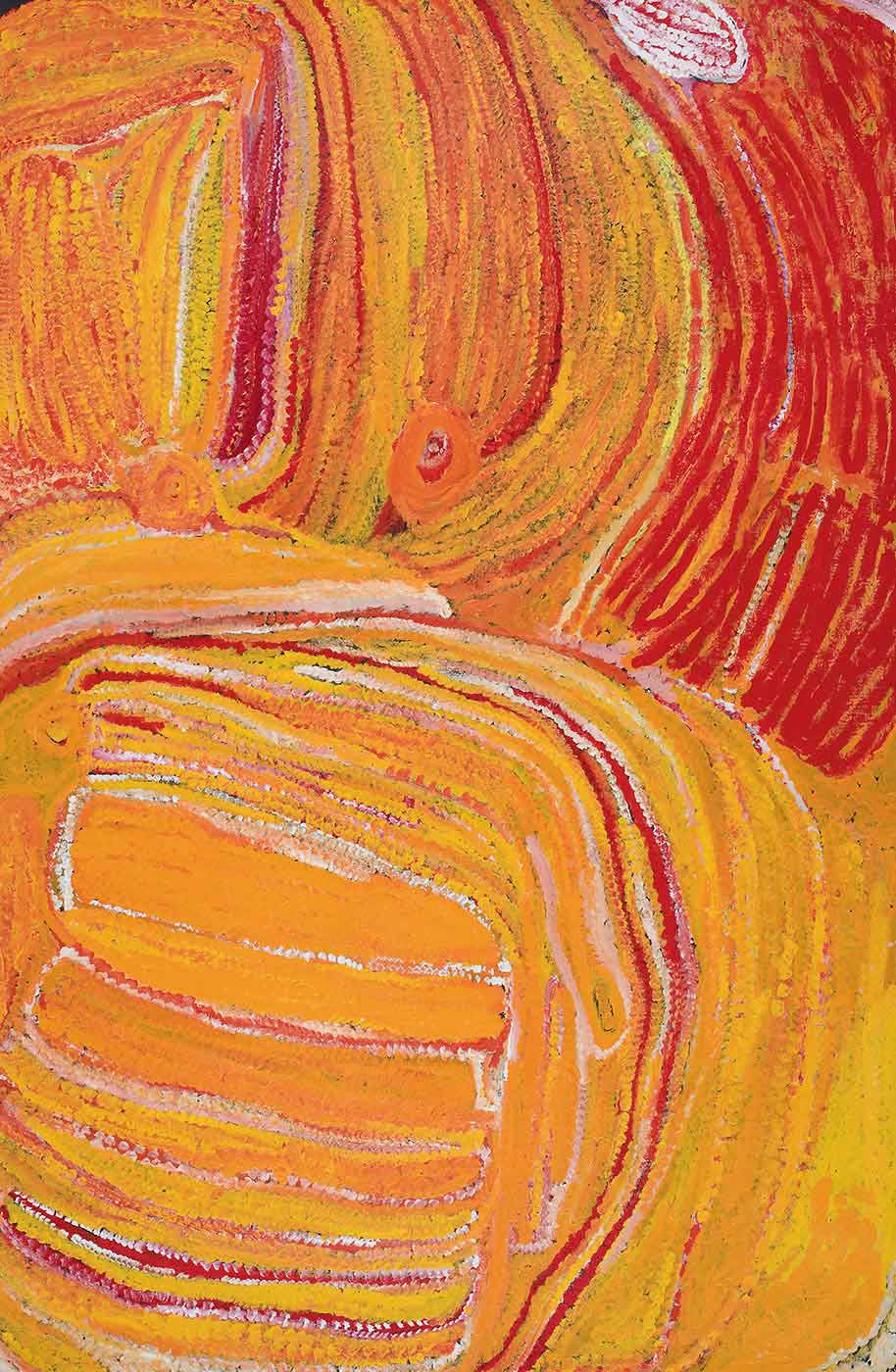 A textured yellow-orange toned painting on brown linen with a curved vertically lined red section in the top right corner with a white and red oval above it. On the top left and middle half of the painting are curved and straight vertical stripes in yellow, pink, orange, burgundy, red and white with two orange-yellow circles towards the middle section of the painting. The bottom left has an outlined rounded rectangle with horizontal stripes in yellow divided by thin dotted lines in white, red, orange or pink. The right side of the painting features a curved vertical section which follows the edge of the shape on the left and fills the area with yellows and a little bit of pink, white, red and orange. - click to view larger image