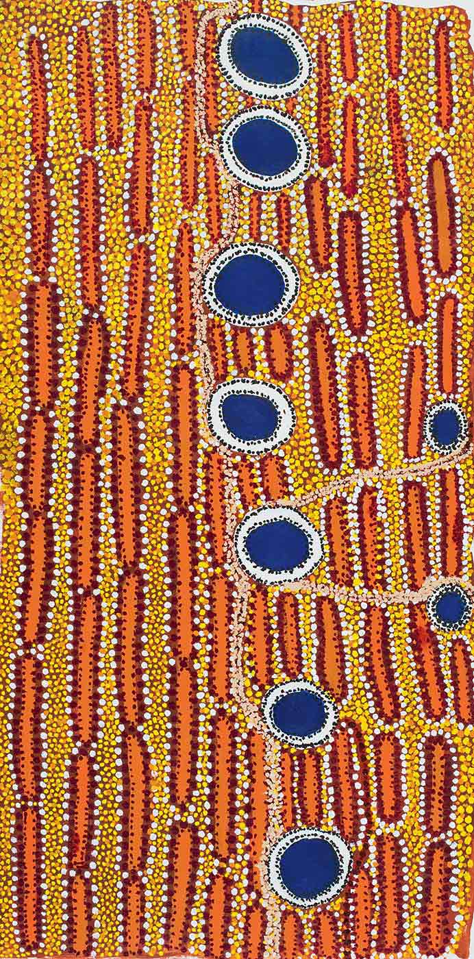 Wantili (Well 25) to Wuranu (Well 29) 2007 by Lily Long, May Brooks and Sarah Brooks, Martumili Artists. Acrylic on linen. - click to view larger image