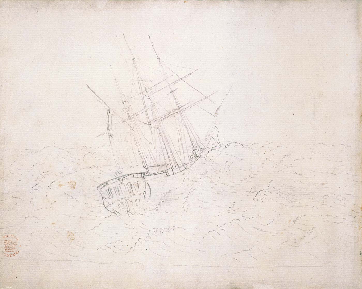 Black and white pencil drawing of a high-masted sailing ship with waves breaking over the side.