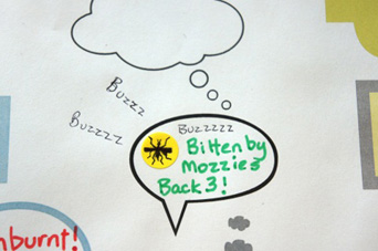 A section of a board game template displaying the words 'Bitten by Mozzies Back 3!' and a drawing of a mosquito making 'BUZZ' sounds.