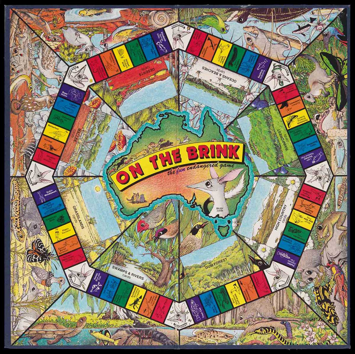 Board game with coloured games squares in a circuit, surrounded by images of endangered Australian animals. - click to view larger image