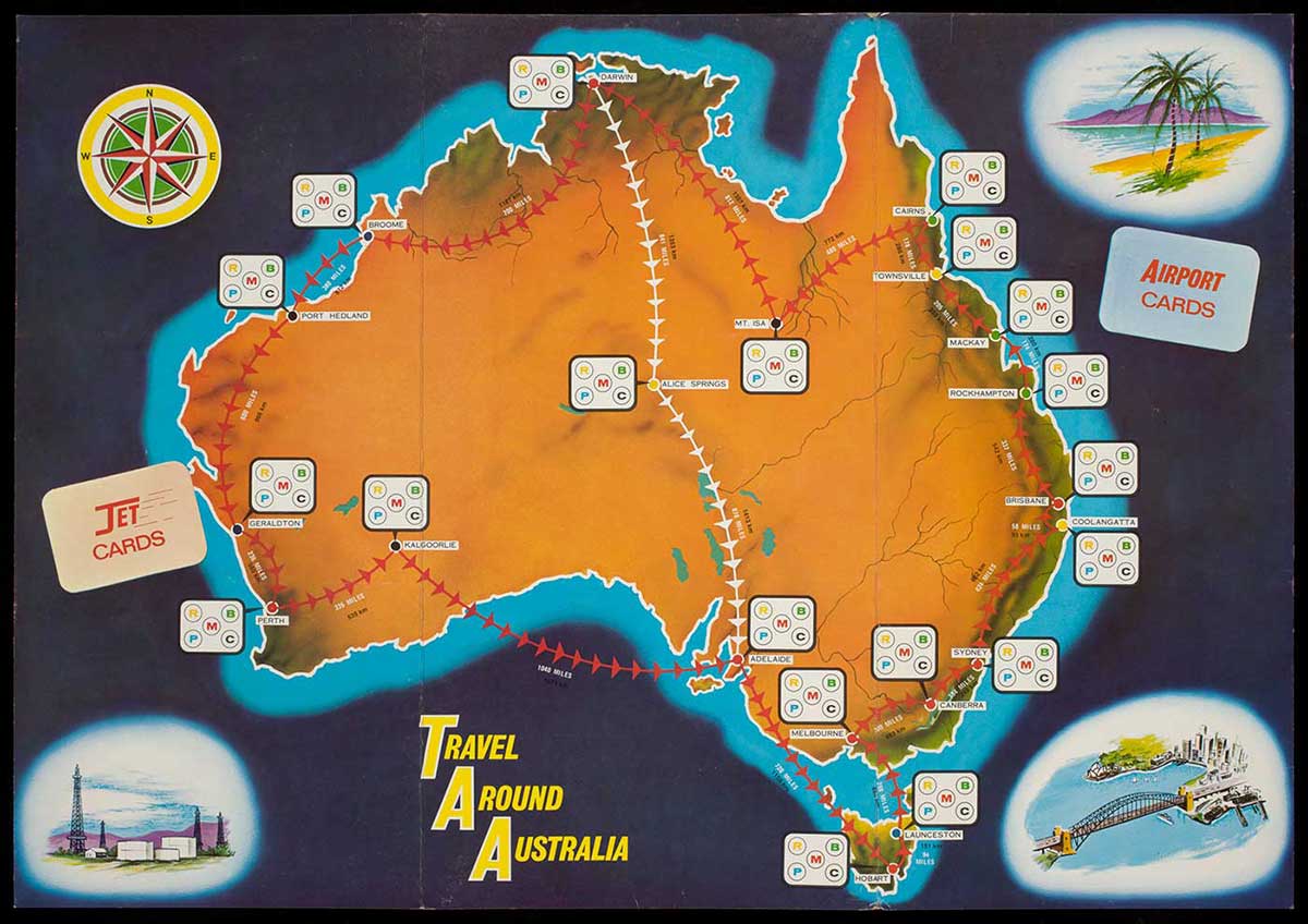 Board game showing air routes on a map of Australia. There are spots marked on the board for 'Jet cards' and 'Airport cards'. - click to view larger image