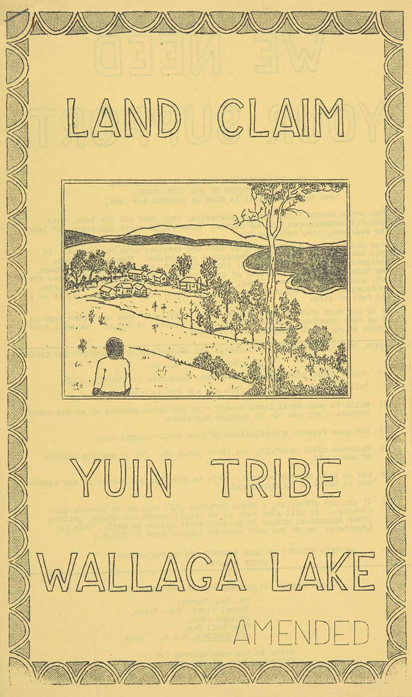 A foolscap size photocopied document titled 'LAND CLAIM / YUIN TRIBE / WALLAGA LAKE / AMENDED'. The document is yellow with a border featuring a semi-circular design. The centre of the cover features a drawing of a landscape with a person on the left hand side. The nine page document has been stapled together in the top left corner. - click to view larger image