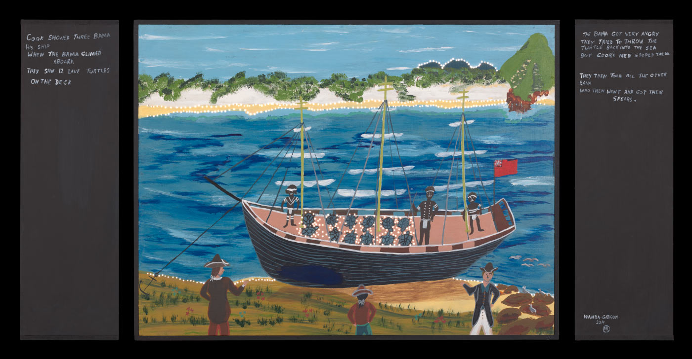 A light box made from plywood and medium density fibreboard [MDF]. An acrylic painting on the front of the box features a boat with three masts. It has 12 turtles and three aboriginal men inside the boat and three white men on the shore. very small holes have been drilled into the painting around the prominent features. - click to view larger image