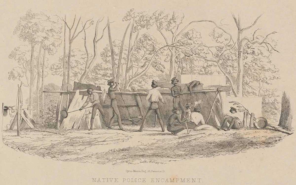 Drawing or print of a group of men in uniform next to a shelter made from logs and pieces of wood tied with rope.