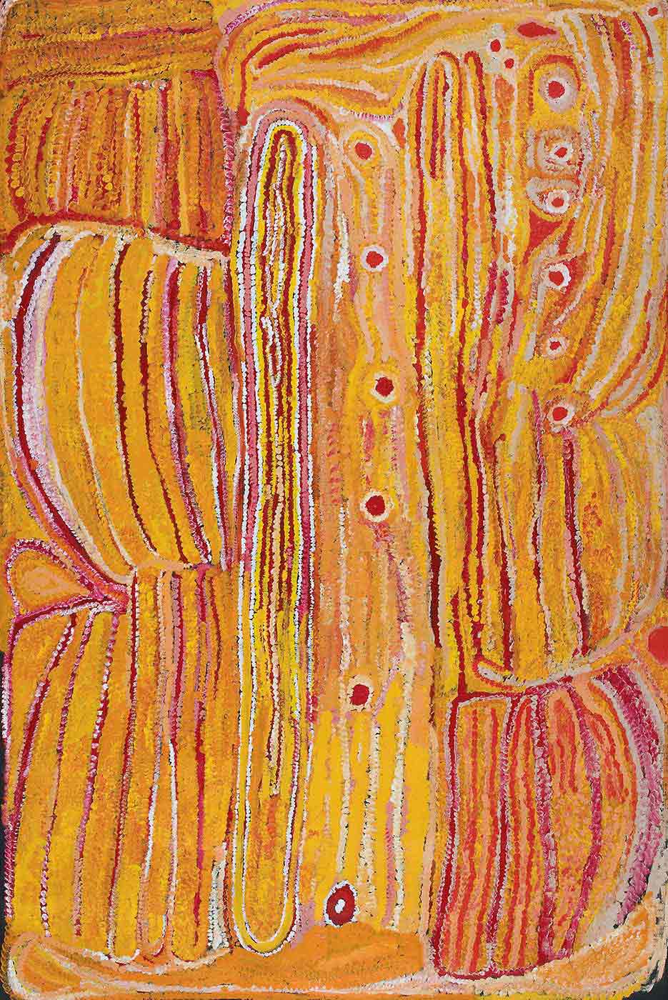 A yellow toned textured painting on brown linen with a vertical line of six small red-pink circles down the centre. Most of the painting has vertical uneven stripes in yellow with pink, dark pink and white thin lines between. The right side has a shorter line of six red circles at the top and a rectangular shape at the bottom corner with pink and orange uneven vertical stripes and a red circle above it. In the middle section next to the line of red circles is a long round ended concentric line with rows of red, yellow, white and pink inside. On the left side there is a vertical line of four joined outlined shapes with uneven stripes in them in yellow with pink, white and orange thinner lines. At the bottom edge is an apricot coloured section. - click to view larger image