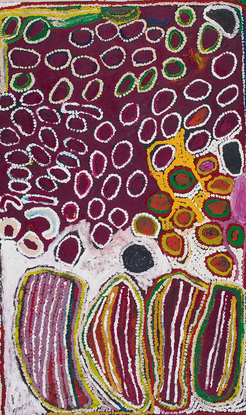 A textured acrylic painting on canvas with lots of ovals with dotted edges in the top half of the painting and four vertical stripe filled shapes in the lower half. Most of the ovals are burgundy with a light pink or green-beige edge on a burgundy background. However at the centre right edge there are ovals in green, brown, and pink with a yellow dotted background. Amongst the ovals are several oblong, semicircle and curved shapes in burgundy with white dotted edges. The shapes at the bottom of the painting have dotted vertical stripes in orange, red, yellow, green, beige, white, burgundy and lavender. At the right edge there are two paint marks that look like dog paw prints in black and white. - click to view larger image