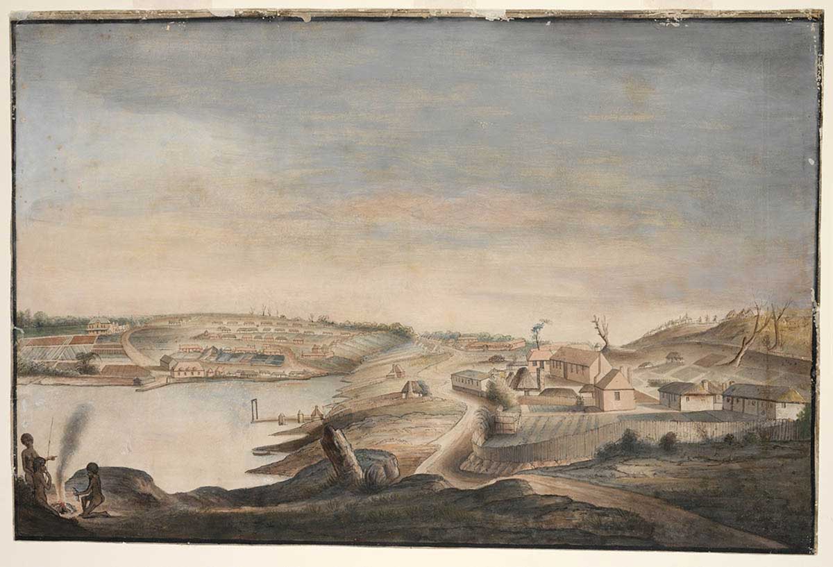 Artwork of a view of a settlement around a bay and with a small group of people around a fire in the foreground.