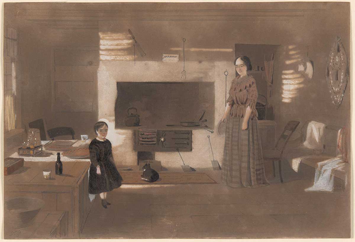 A watercolour painting in greys, browns and white depicting a woman and a child standing in a kitchen. In the background is a stove with a cat lying in front of it. Handwritten in pencil in the bottom left hand corner is 'S.T.G.'. - click to view larger image